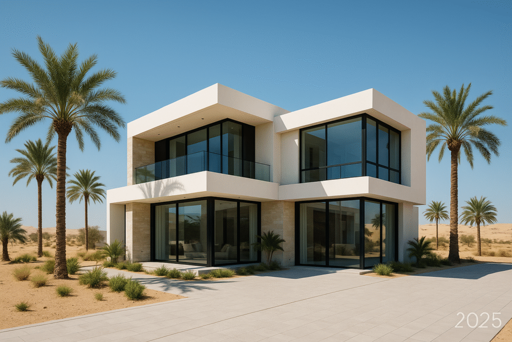 Modern villa in Ajman with contemporary design and palm trees – real estate investment 2025.