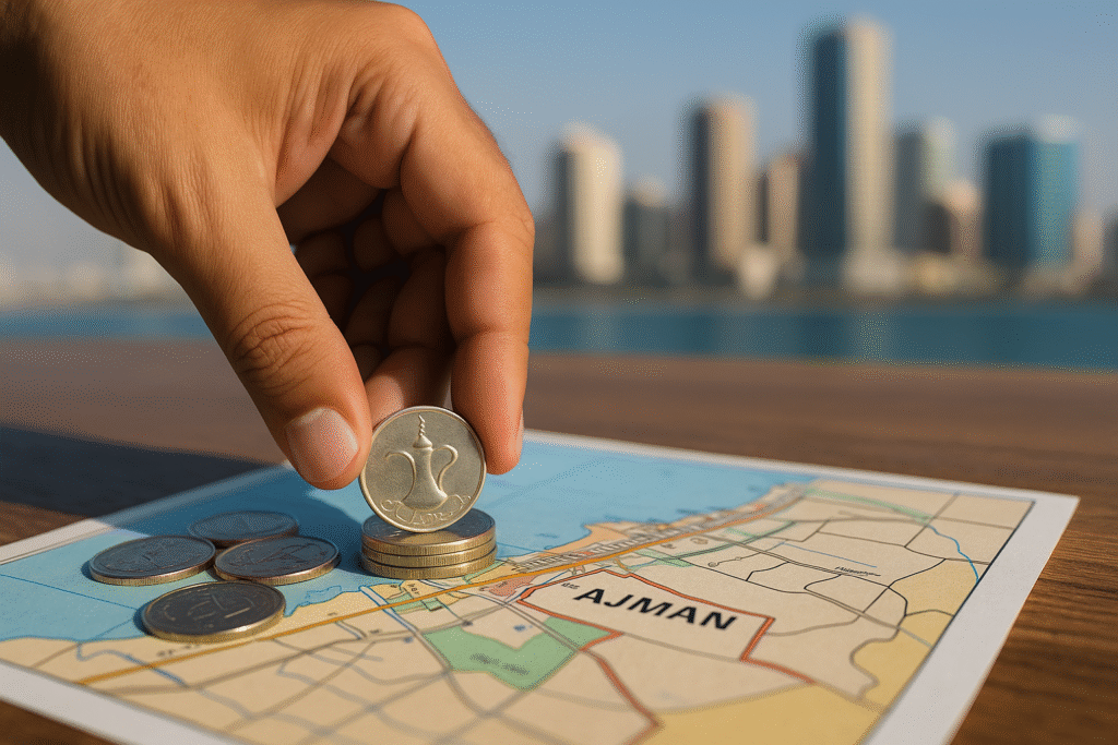 Hand placing UAE dirham coins on a map of Ajman with city skyline in background.