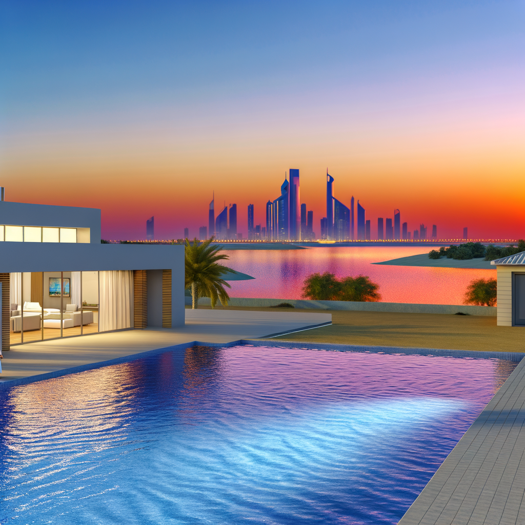 alt_text: Modern luxury villa with pool and sunset Ajman skyline, showcasing homes for sale in Ajman.