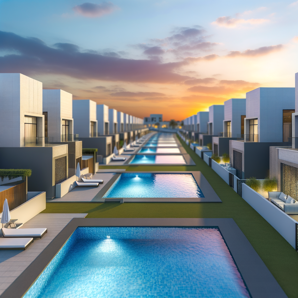 alt_text: Modern luxury villas in Ajman with pools and sunset skyline, showcasing dream villa living.