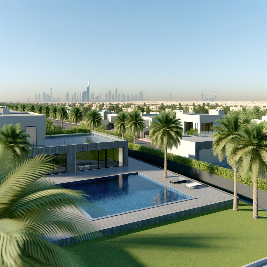 alt_text: Modern luxury villa in Ajman with pool, terrace, palm trees, and Ajman skyline under blue sky.
