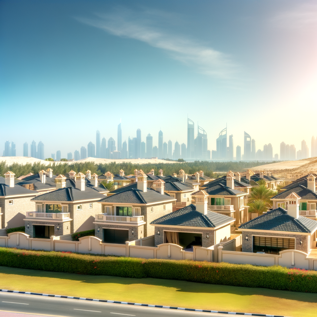alt_text: Panoramic view of luxury villas and Ajman skyline on a sunny day, showcasing homes for sale.