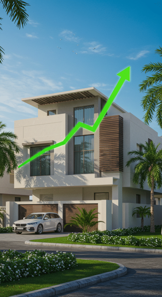 Modern luxury villa in Al Zahya, Ajman with green ROI arrow symbolizing rising real estate returns.